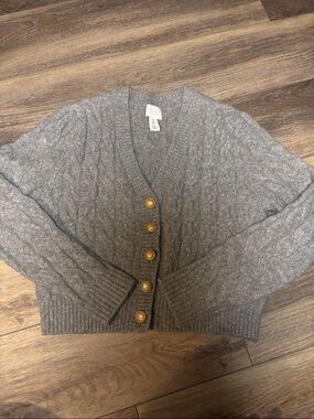 H&M Gray Cable-Knit V-Neck Cardigan with Gold Buttons